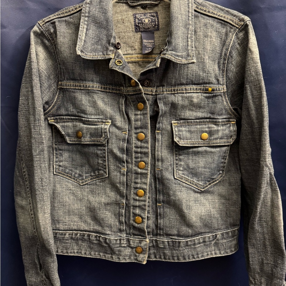 Women’s Distressed Lucky Brand Blue Denim Jacket with Gold Buttons Sz L